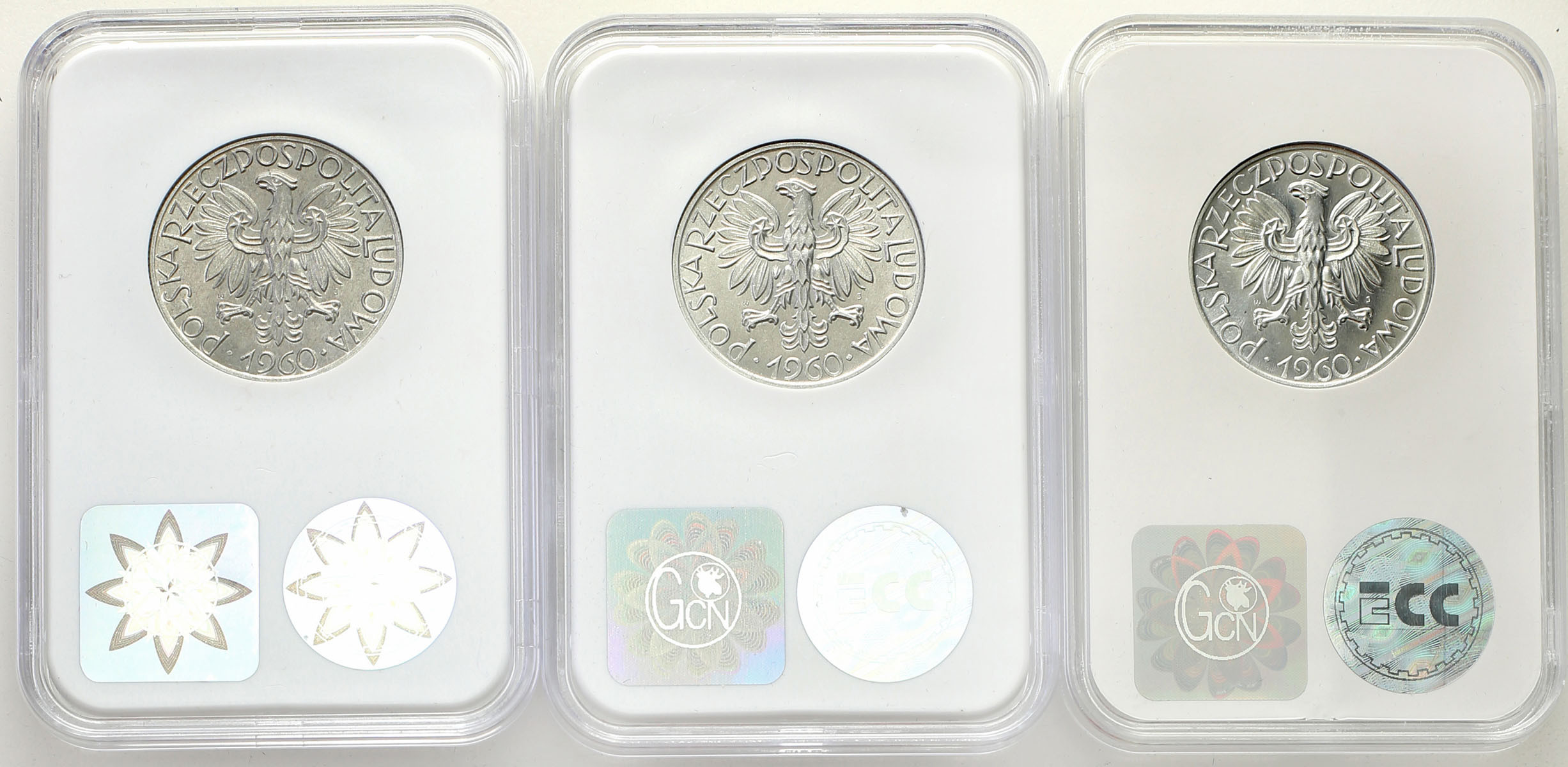 PRL. 5 złotych 1960 Rybak aluminium, zestaw 3 monet
